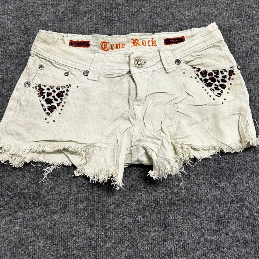 True Rock Denim Shorts Womens Size 5/6 Off-White Leopard Rhinestone Frayed Y2K